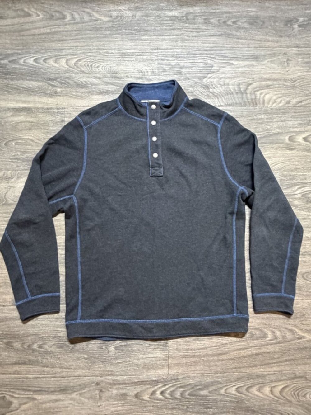 Tommy Bahama 1/4 Henley Snap Button Mock Sweater Large Gray Blue Preppy Golf